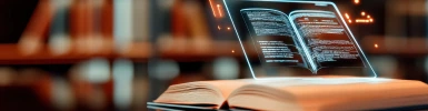 Ein offenes Buch mit einem holografischen Display, das interaktive digitale Inhalte in einer Bibliothek zeigt