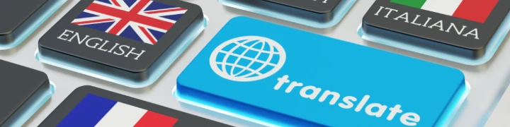 Tastatur mit dem Wort Translate und einer Auswahl an verschiedenen Länderfahmen