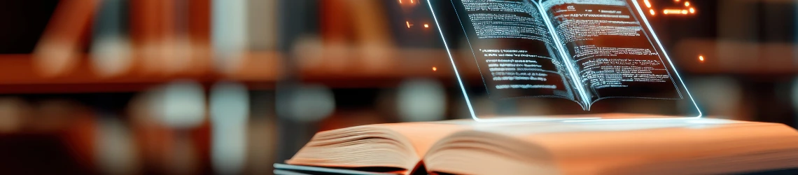 Ein offenes Buch mit einem holografischen Display, das interaktive digitale Inhalte in einer Bibliothek zeigt