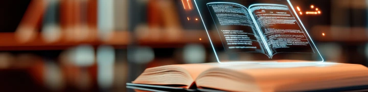 Ein offenes Buch mit einem holografischen Display, das interaktive digitale Inhalte in einer Bibliothek zeigt